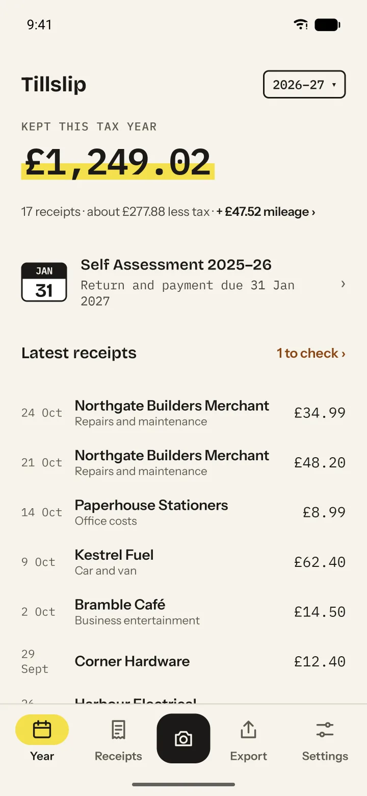 The Year screen: £1,249.02 kept this tax year, the Self Assessment deadline, and the latest receipts with their categories.