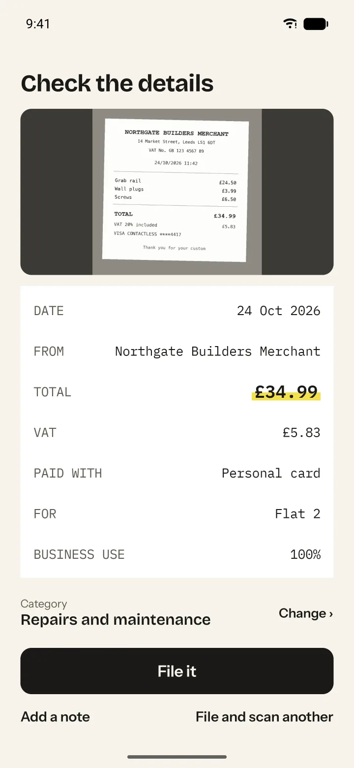 Reviewing a receipt: the photo above the merchant, date, total, VAT and category the app read.