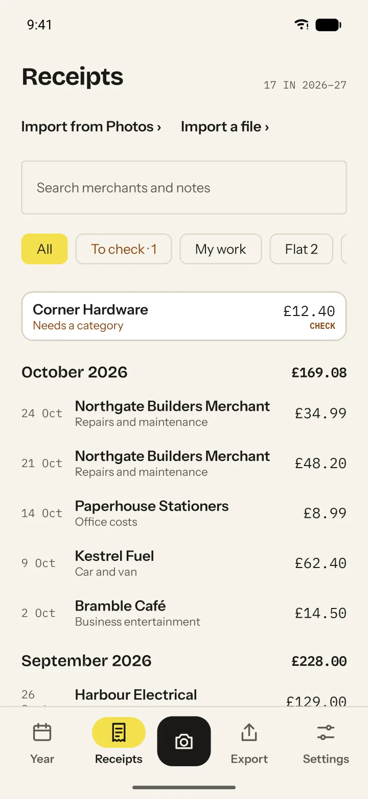 The Receipts list: each receipt with its date, merchant, category and amount, and one marked to check.