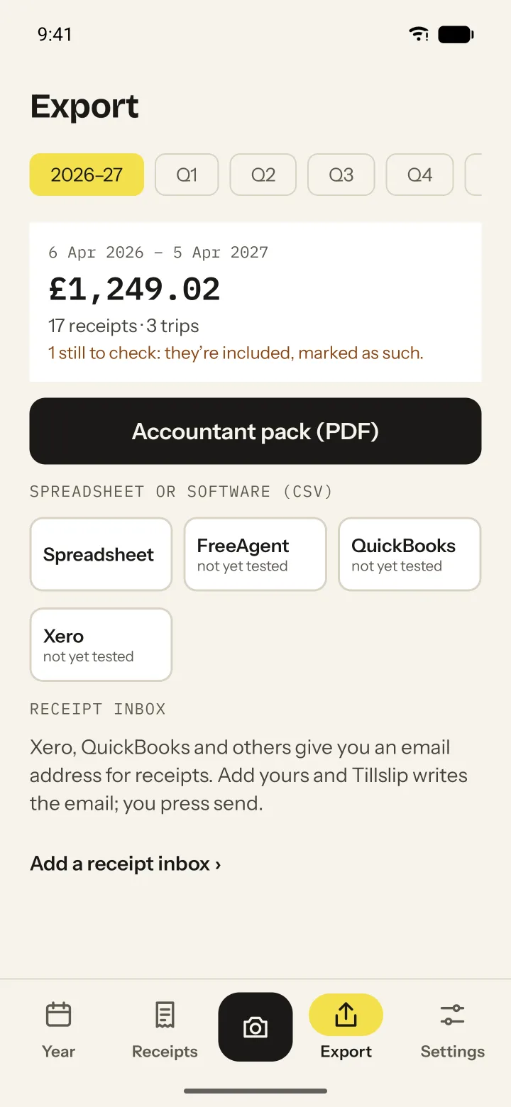The Export screen: the accountant pack and CSV formats.